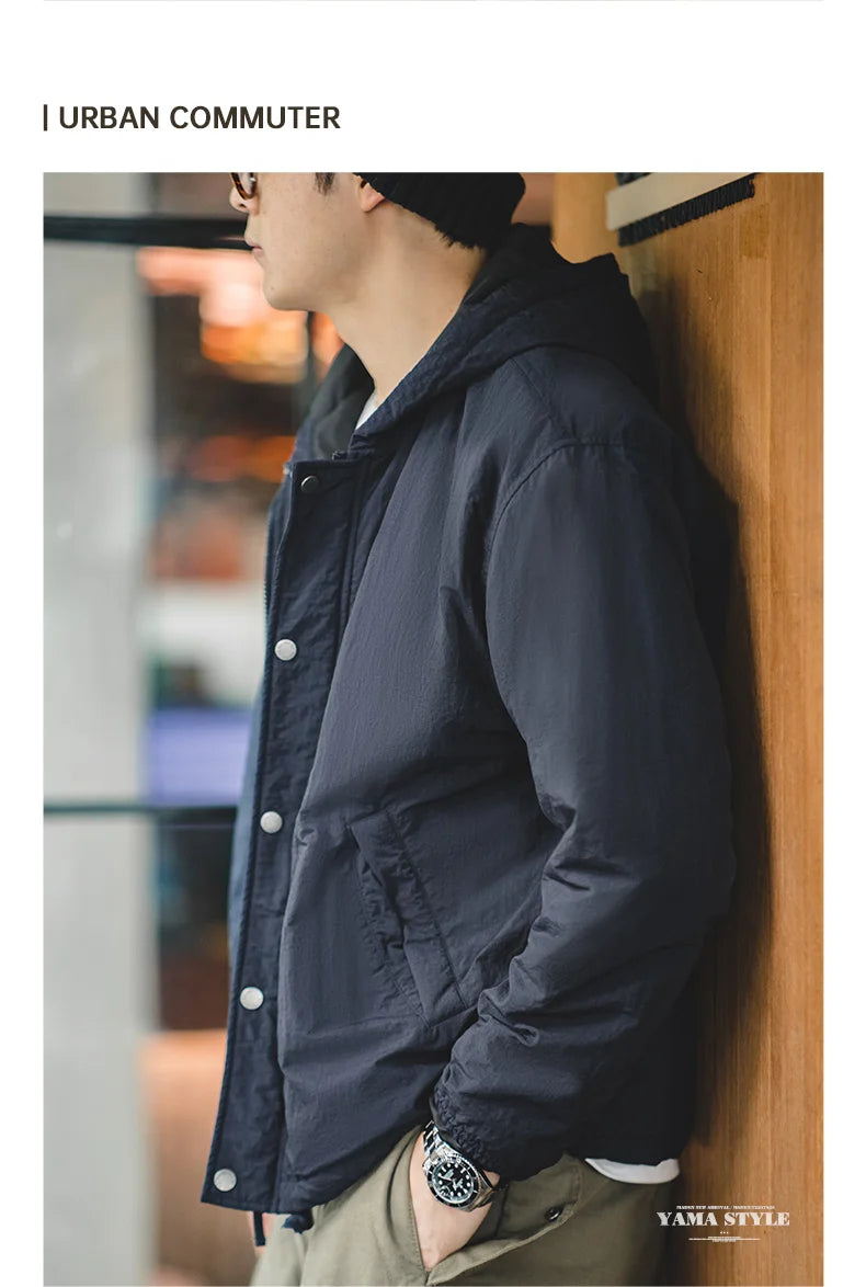 Men's Navy Blue Hooded Cotton Jacket – Urban Commuter Thermal Parka for Autumn & Winter