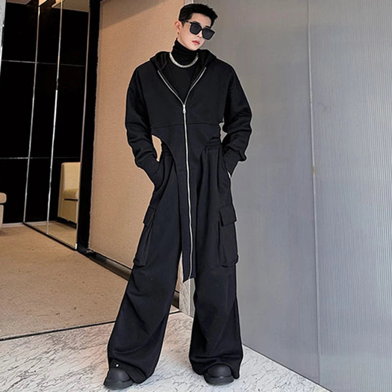 Irregular Spliced Men's Two-piece Suit Zipper Niche Design Male Sweatshirt Personality Large Pocket Men Pants New