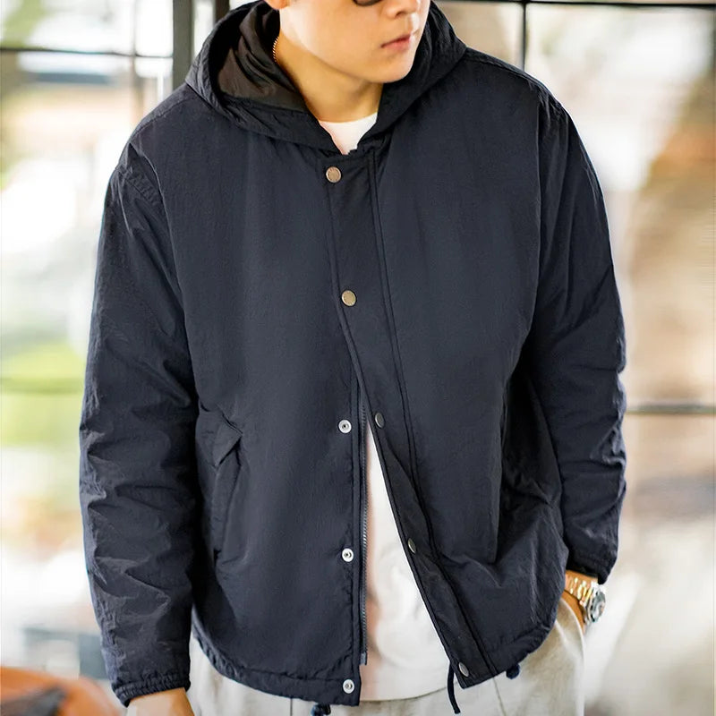 Men's Navy Blue Hooded Cotton Jacket – Urban Commuter Thermal Parka for Autumn & Winter